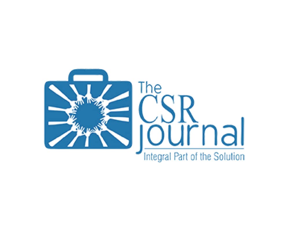 Logo of The CSR Journal with blue suitcase and sun design on white background